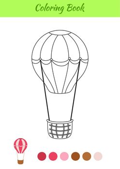 Coloring book hot air balloon for children. Printable worksheet. Educational activity page for preschool years kids and toddlers with transport. Cartoon colorful vector illustration.
