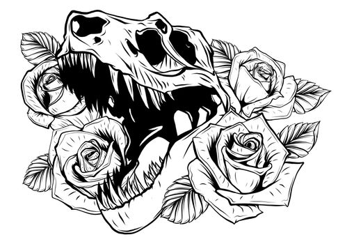 Detailed sketch style drawing of the roaring tyrannosaurus rex and roses frame. Tattoo design.