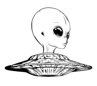 Aliens and ufo vector objects and design elements in monochrome style isolated on white background