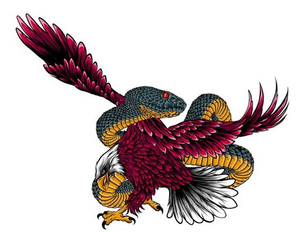 eagle fighting a snake serpent . Tattoo style vector illustration