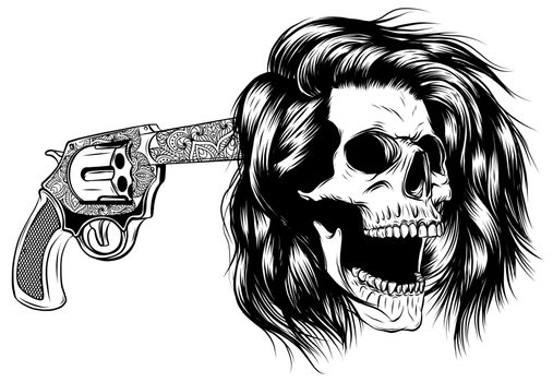 Smiling skull with revolver for tattoo design. vector
