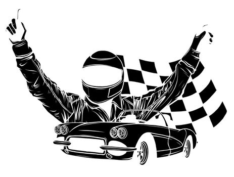 vector illustration of racing car with checker flag on grungy background