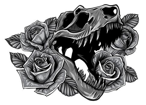 monochromatic Detailed sketch style drawing of the roaring tyrannosaurus rex and roses frame. Tattoo design.