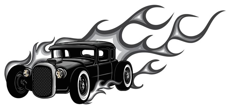 Rat rod on a background with flames. Vector illustration.