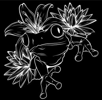 vector frog with flower in black background