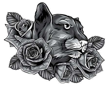 Panther monochromatic roses tattoo graphic vector illustration