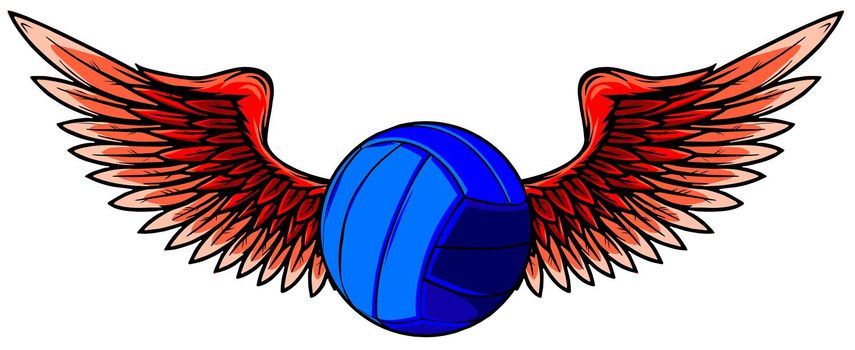 Realistic volley ball with raised up red wings emblem vector