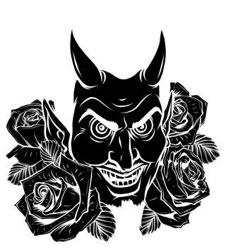Evil face with red roses. black silhouette Illustration vector image