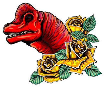 dinosaur and roses frame. vector design. Concept art drawing.