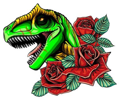 dinosaur and roses frame. vector design. Concept art drawing.