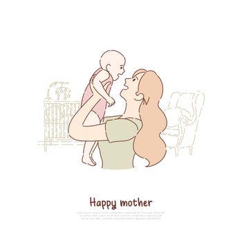Happy mother holding newborn child, cheerful lady playing with toddler, female happiness, babysitting, parenting banner