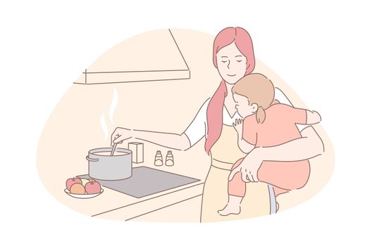 Happy motherhood, babysitting, housework concept