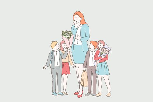 Teachers day celebration concept. Schoolchildren greeting impressed teacher, cheerful boys and girls with rucksacks giving flower bouquets to tutor. Simple flat vector