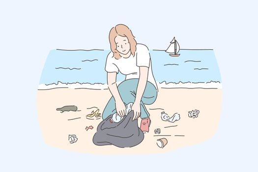 Female volunteer cleaning beach, save planet and nature protection concept