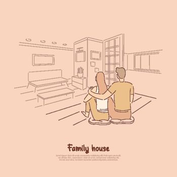 Couple sitting in apartment together, man hugging woman on floor of living room, cute pastime for lovers banner
