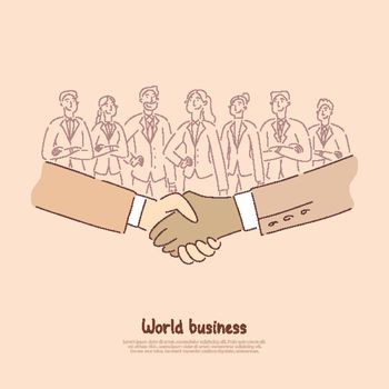 International economic cooperation, business partners shaking hands after successful negotiations banner