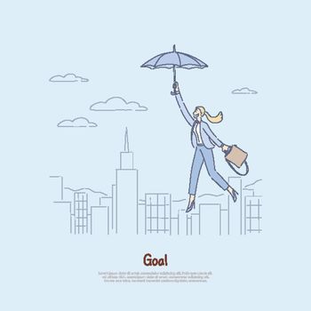 Woman floating on umbrella over city, getting inspired to achieve success, personal growth, achievements, self development work banner