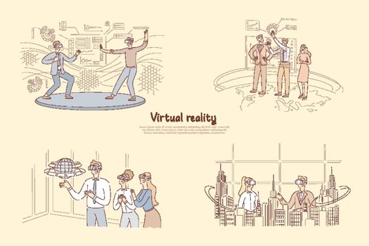 Virtual reality in daily life, man in VR glasses training martial arts, presentation on AR board, 3d modelling banner