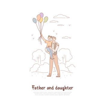 Father day celebration, dad and daughter with balloons in park, family holiday, father and daughter pastime banner