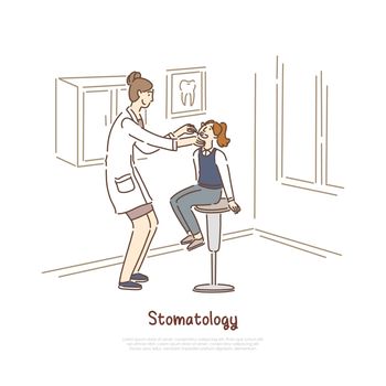 Dentist appointment, stomatology clinic visit, doctor inspecting patient oral cavity, children dental office banner. Teeth checkup, mouth examination concept cartoon sketch. Flat vector illustration