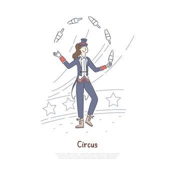 Juggler performing, professional actor in circus arena, performer juggling with pins banner template
