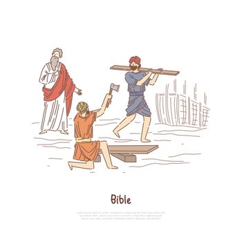 Noah building ark myth, legend, Bible story plot, saint biblical characters, people constructing ship banner template