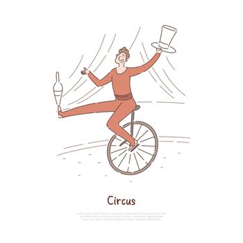 Circus performer, actor in carnival costume showing tricks, juggler, acrobat balancing, riding unicycle banner