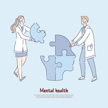 Cheerful doctors assembling human head shaped jigsaw puzzle, mental treatment metaphor, psychologist profession banner