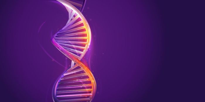 DNA double helix structure on a violet background.