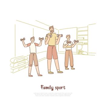 Family sport, father with sons lifting weights, healthy lifestyle, parent and kids training in gym banner template