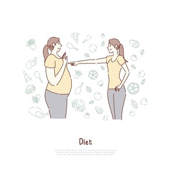 Fat and slim women, before and after, slender girl pointing finger at obese lady, weight loss, wholesome nutrition banner