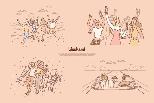 Group of friends running on beach, girlfriends dancing in club, family spending time on picnic, road trip with boyfriend banner
