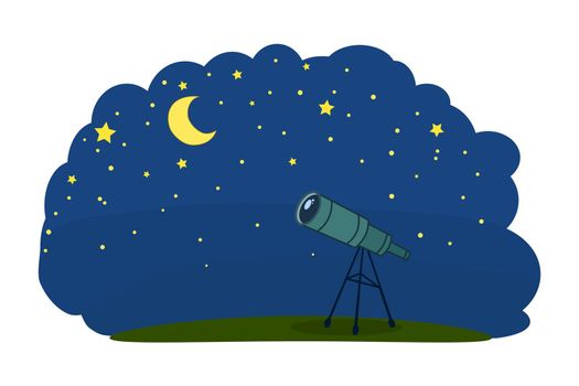 Cartoon landscape with telescope on tripod over nighttime starry sky background.