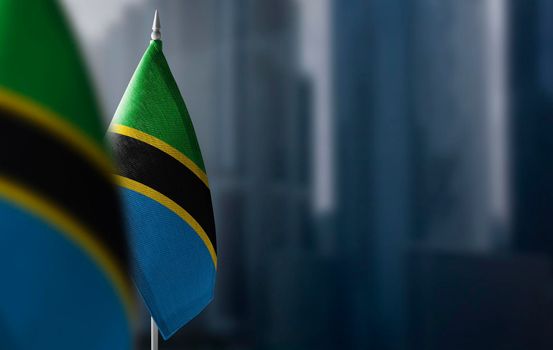 Small flags of Tanzania on a blurry background of the city