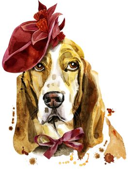 Watercolor portrait of basset hound in red hat