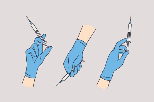 Healthcare and medicine concept. Human hands in blue medical gloves holding Disposable syringe with needle over grey background vector illustration