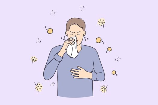 Allergy reaction, medicine and healthcare concept. Man cartoon character having pollen allergy with Runny nose and watery eye vector illustration