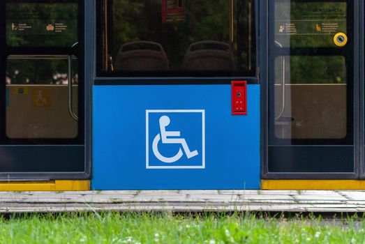 Disabled sign on cable car, modern city transport accessibility