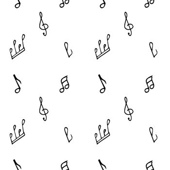 White background with black notes and treble clef. Pattern for wrapping paper.