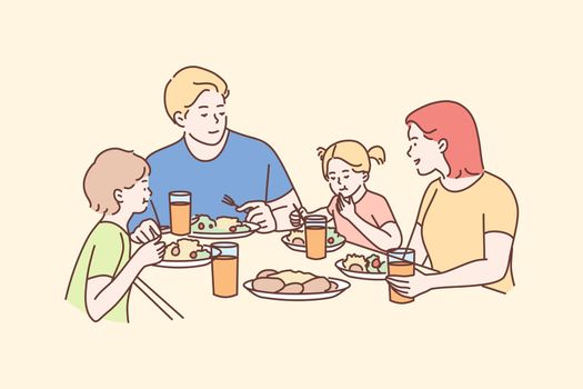 Family, recreation, leisure, dinner, fatherhood, motherhood, childhood concept