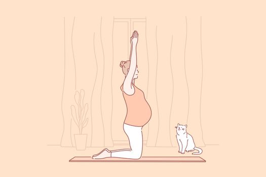Pregnancy, motherhood, yoga concept. Young mindful pregnant woman does yoga. Motherhood is great responsibility. Calm pet looks on its pregnant owner. Yoga helps during pregnancy. Simple flat vector