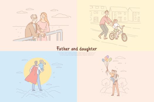 Father and daughter relationship, parent teaching kid riding bicycle, childhood happy moments banner template. Fatherhood, parenthood, family time concept cartoon sketch. Flat vector illustration