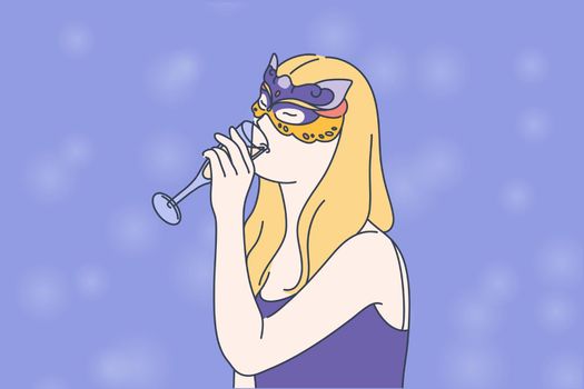Modern fancydress ball, holiday creative celebration concept. New Year, Birthday costume party, masquerade, entertainment, young woman wearing mask, drinking champagne. Simple flat vector