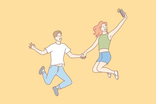 Jumping people, selfie, couple, leisure concept
