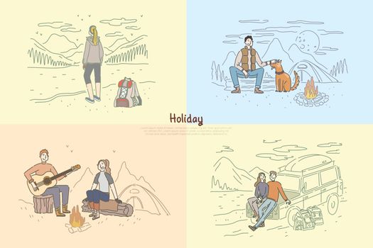 People on holiday vacation, couple camping, friends road trip, backpacking, lonely travelers banner template