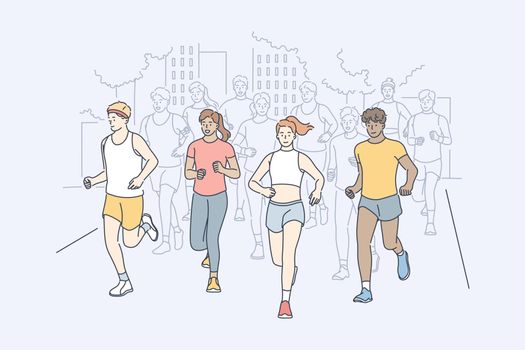 Sport, jogging, marathon, activity concept. Group of multiracial people men and women athletes running participate in city race. Summertime outdoor activity and healthy active lifestyle illustration.