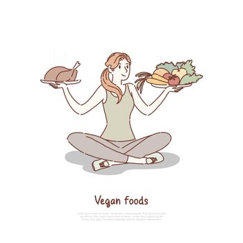Woman choosing between veggies salad and junk food, healthy and unhealthy eating, vegetables, fast food meal banner