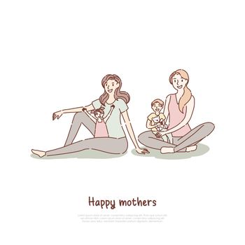 Happy mothers with children at yoga class, son sitting in mom lap, mommy spending time with kid banner template