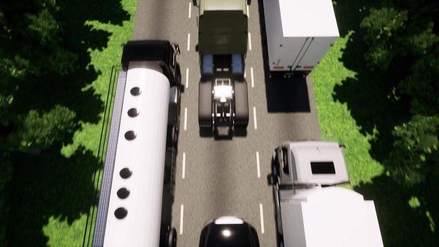 Cars trucks traffic jam Driverless vehicle Autonomous autopilot Drone aerial view 3d render