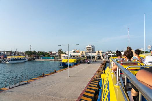 Isla Mujeres, Mexico - September 13, 2021: View of ferry port with the boat Ultramar in Isla Mujeres, Cancun, Mexico